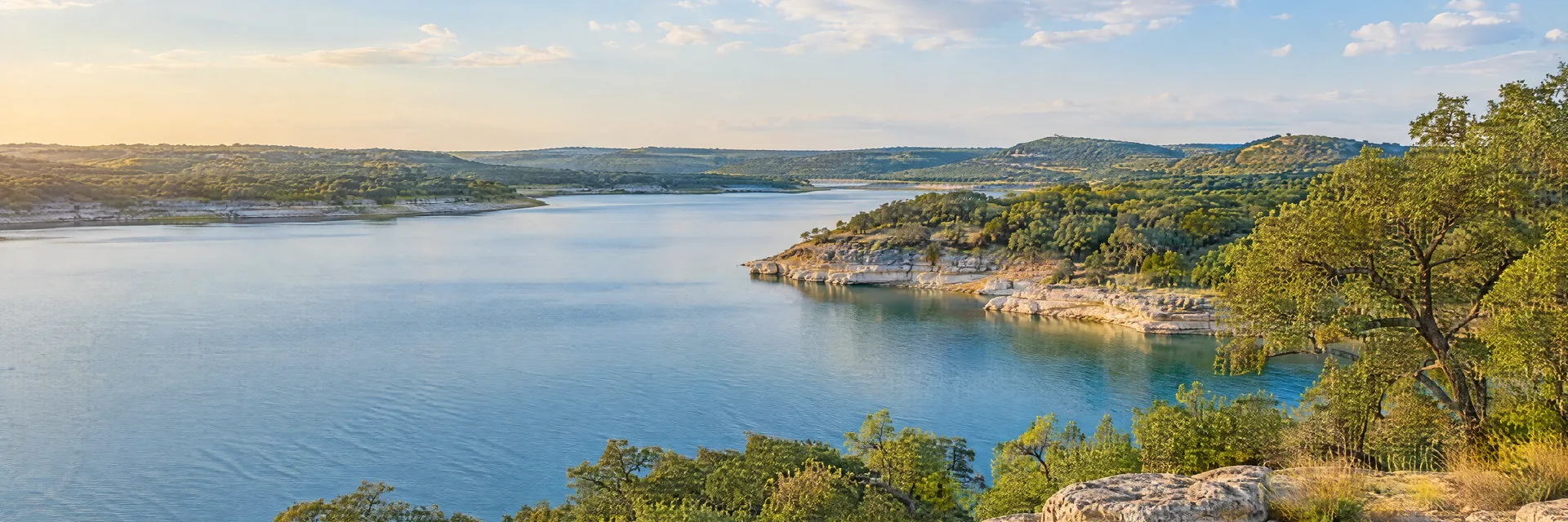 Illustration inspired by Belton, TX: central Texas reservoir with limestone banks, oak groves and gently rolling hills.