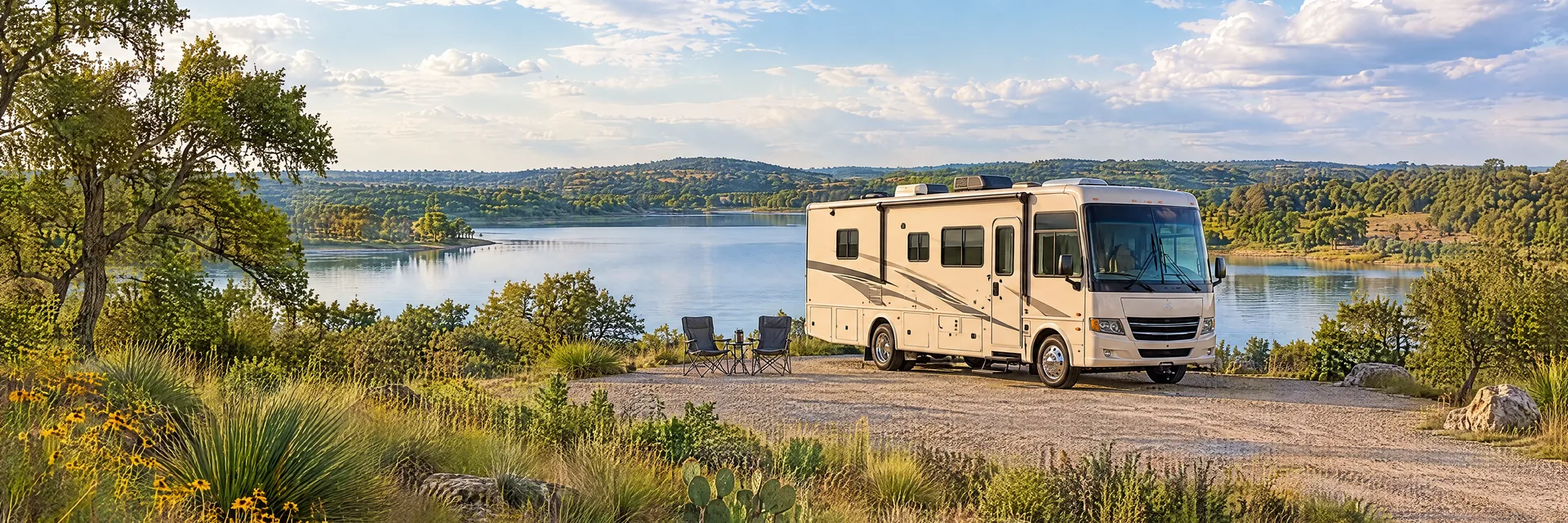 Illustration of a cream Class A motorhome with restrained charcoal trim at a fictional camping setting inspired by Bryan, TX.
