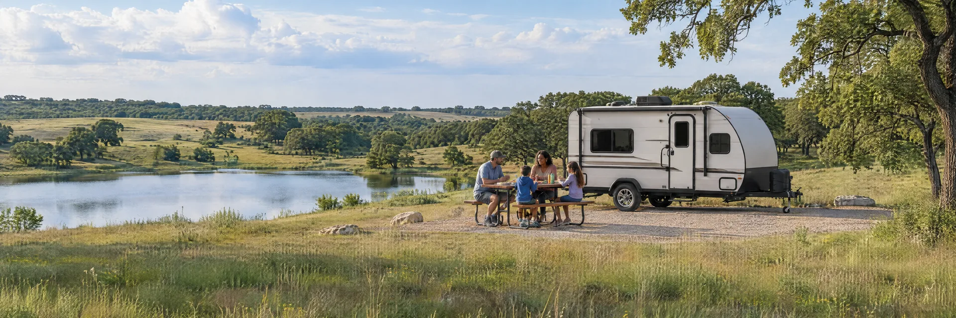 Illustration of campers enjoying a family picnic beside a compact travel trailer in a fictional camping setting inspired by Burleson, TX.