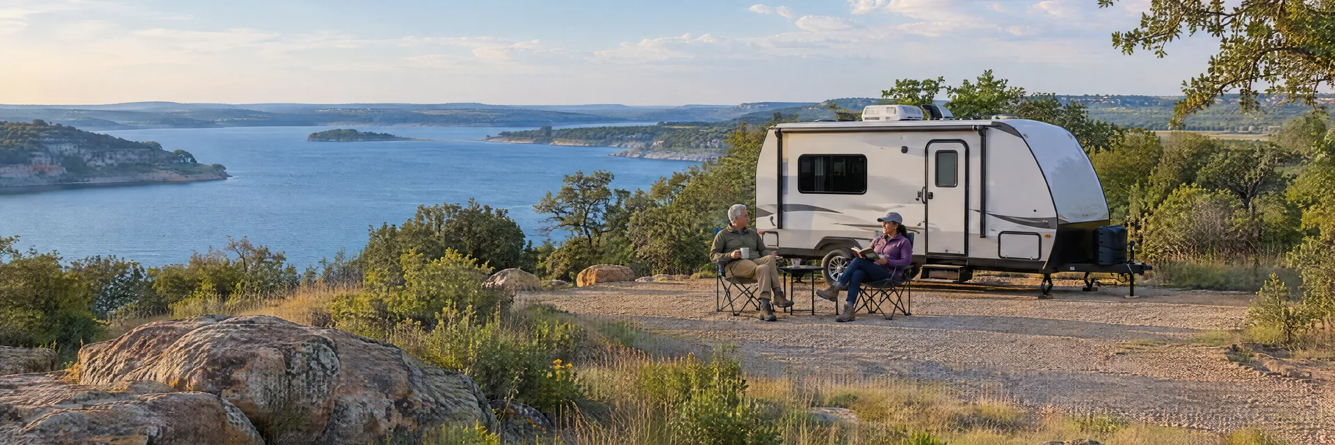 Illustration of campers enjoying relaxing at camp beside a compact travel trailer in a fictional camping setting inspired by BURNET, TX.