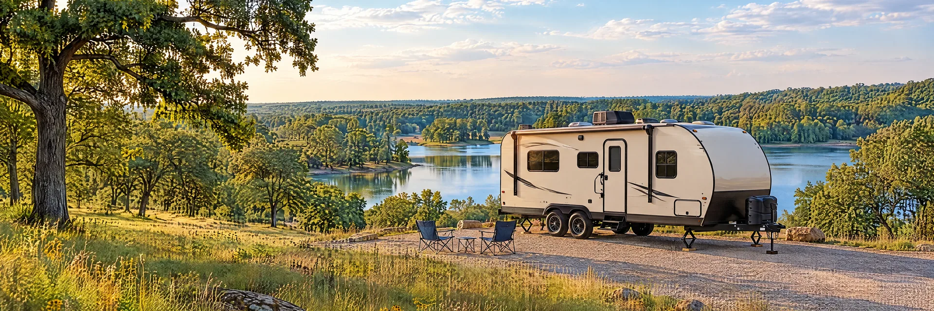 Illustration of a ivory tandem-axle travel trailer with visible hitch and stabilizers at a fictional camping setting inspired by Canton, TX.