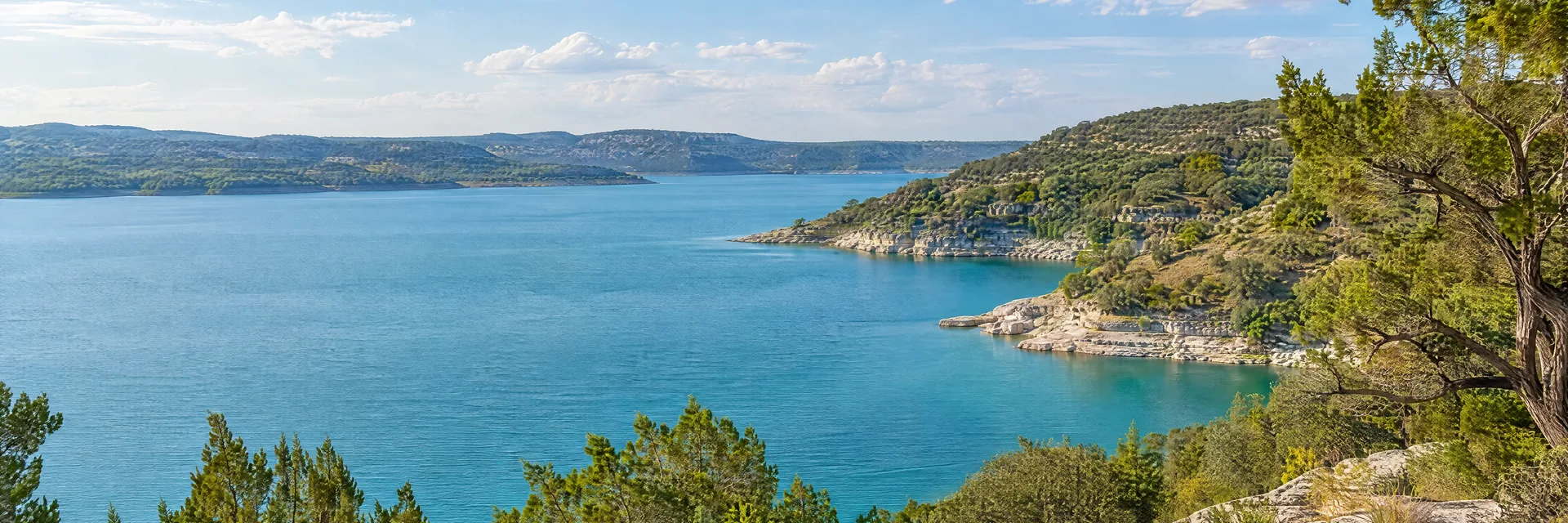 Illustration inspired by Canyon Lake, TX: texas Hill Country limestone lakeshore, turquoise water and oak-juniper slopes.