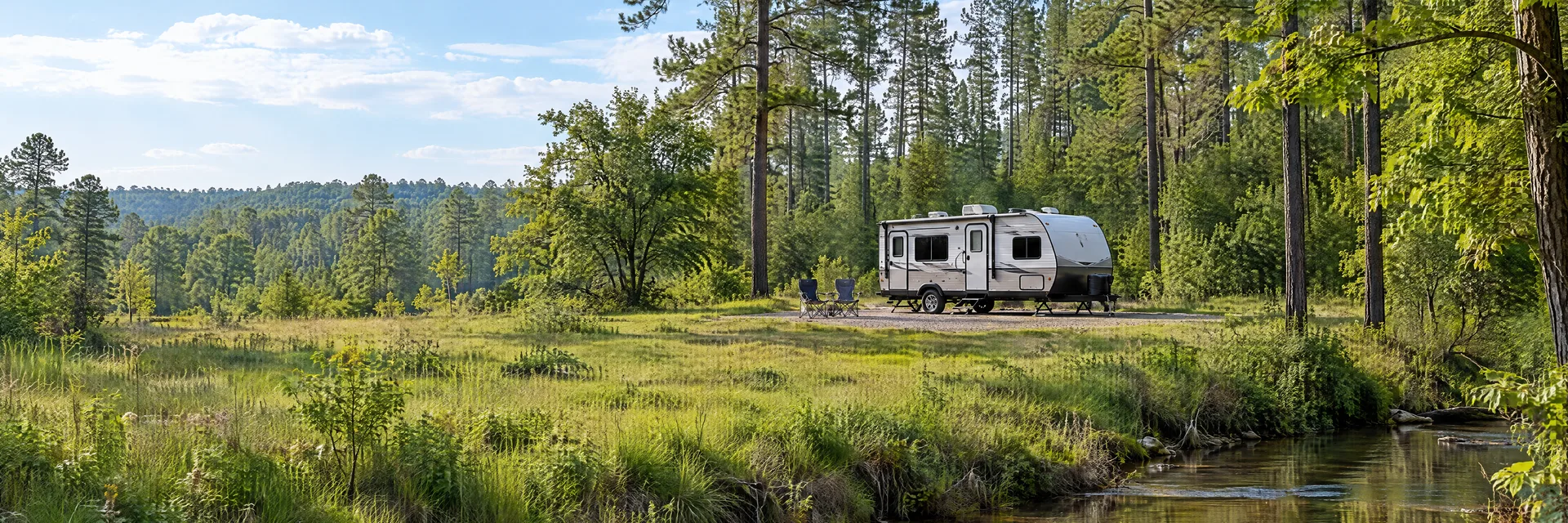 Illustration of a compact travel trailer at a fictional camping setting inspired by Cleveland, TX.