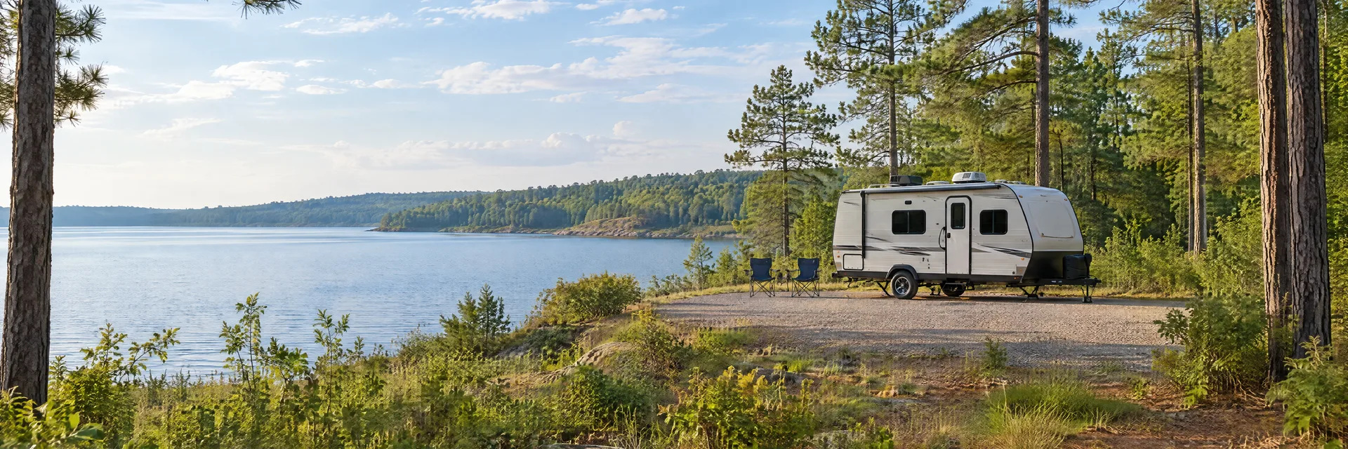 Illustration of a compact travel trailer at a fictional camping setting inspired by Coldspring, TX.