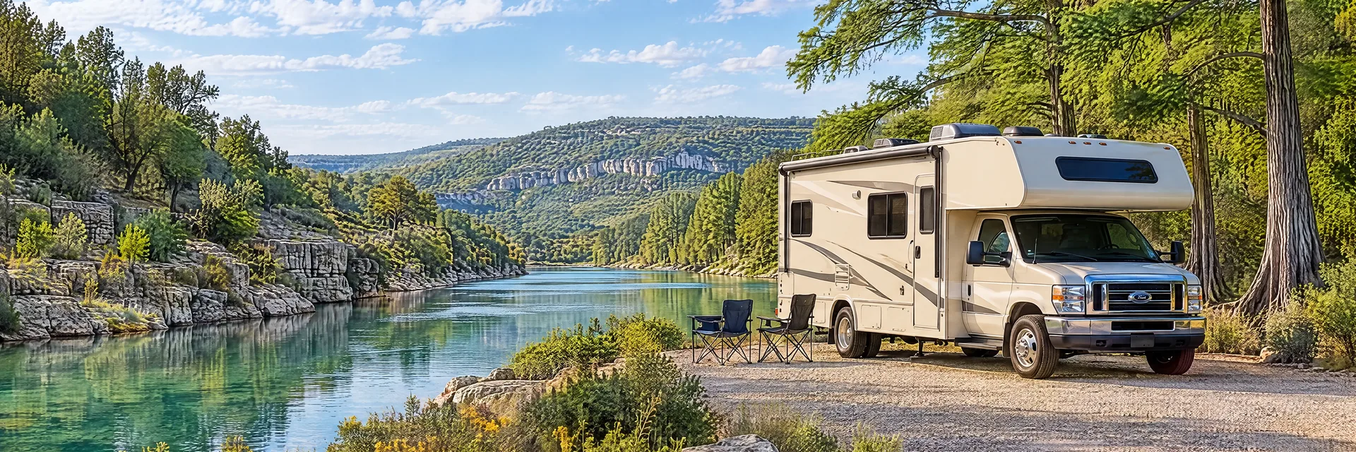 Illustration of a cream Class C motorhome with a modest overcab bunk at a fictional camping setting inspired by CONCAN, TX.