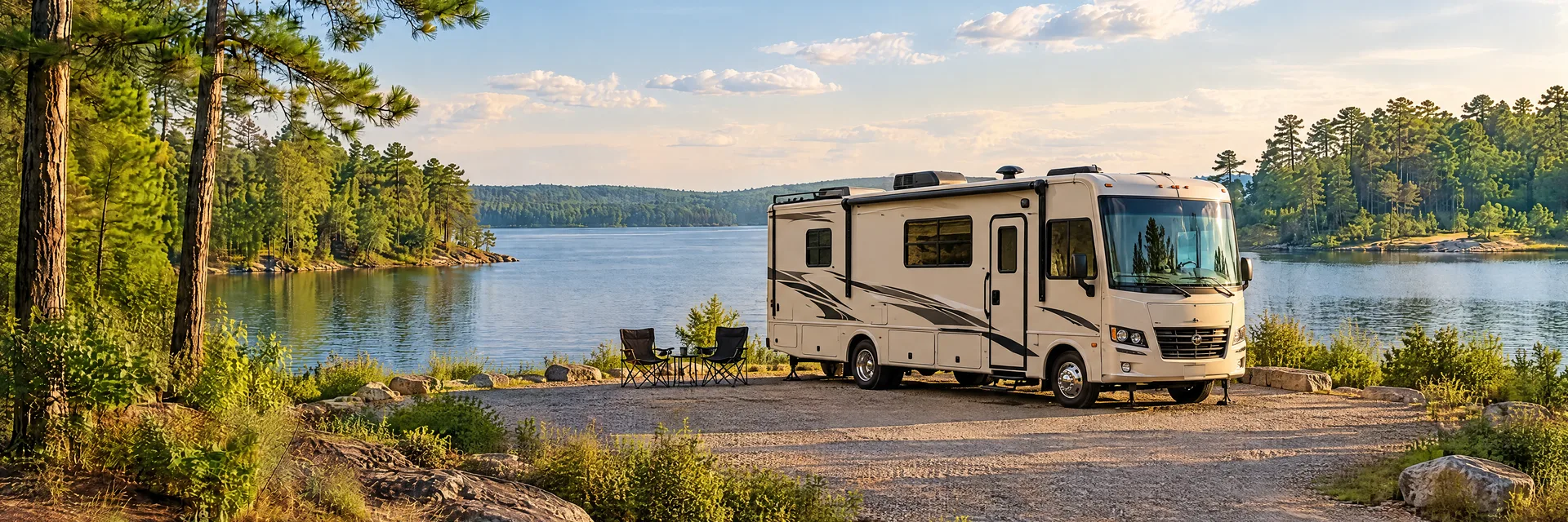 Illustration of a cream Class A motorhome with restrained charcoal trim at a fictional camping setting inspired by Conroe, TX.