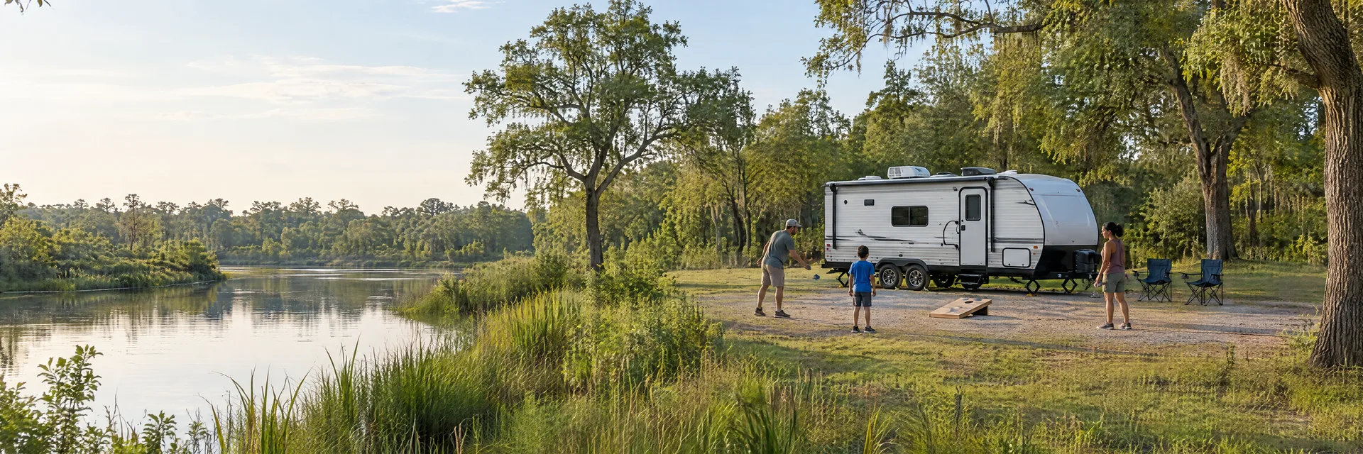 Illustration of campers enjoying family campsite activities beside a compact travel trailer in a fictional camping setting inspired by Crosby, TX.