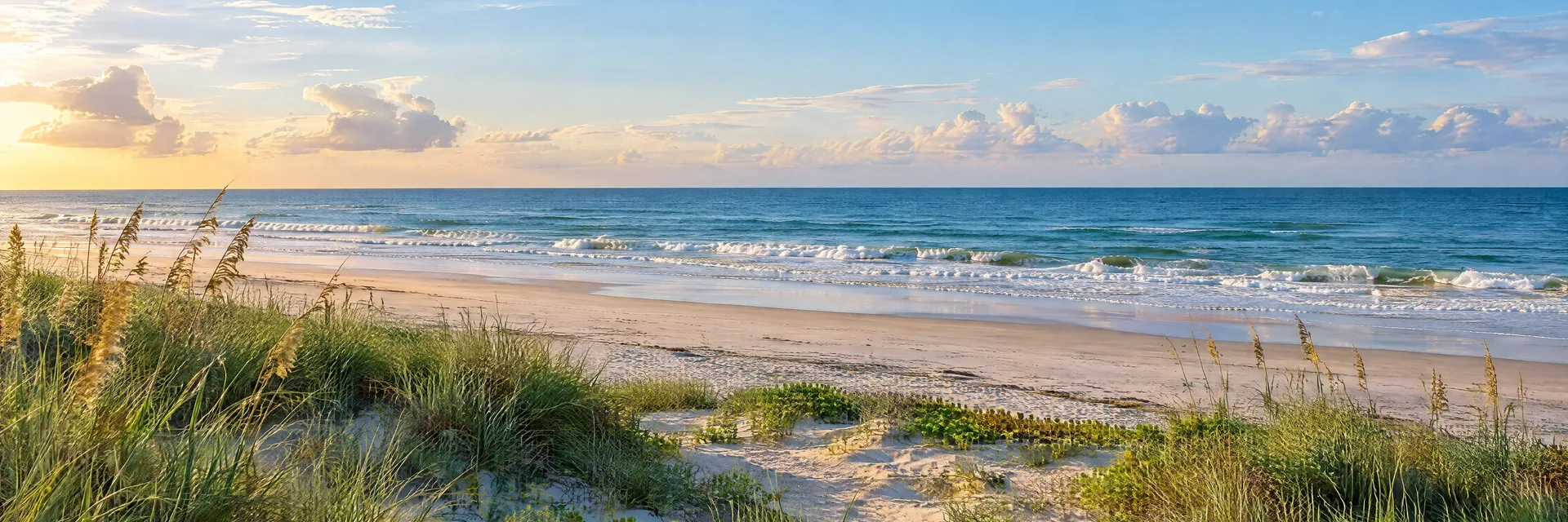 Illustration inspired by Crystal Beach, TX: texas Gulf beach with broad sand, grassy dunes and soft surf.