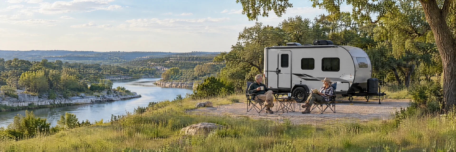 Illustration of campers enjoying relaxing at camp beside a compact travel trailer in a fictional camping setting inspired by Del Valle, TX.