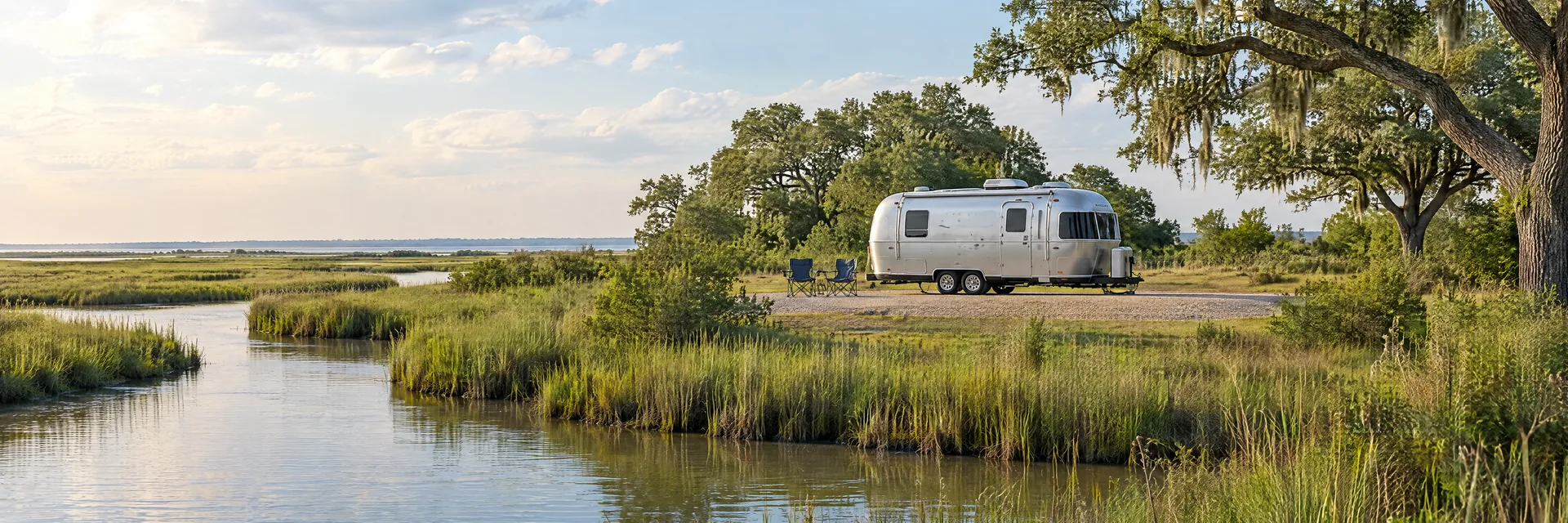 Illustration of a rounded silver travel trailer at a fictional camping setting inspired by Dickinson, TX.