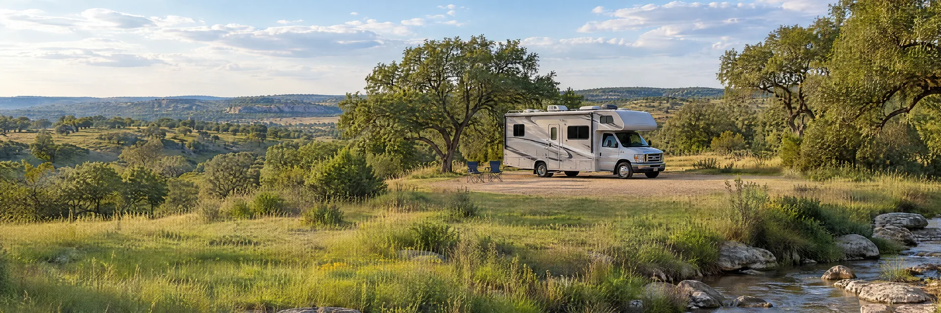 Illustration of a Class C motorhome at a fictional camping setting inspired by Elgin, TX.