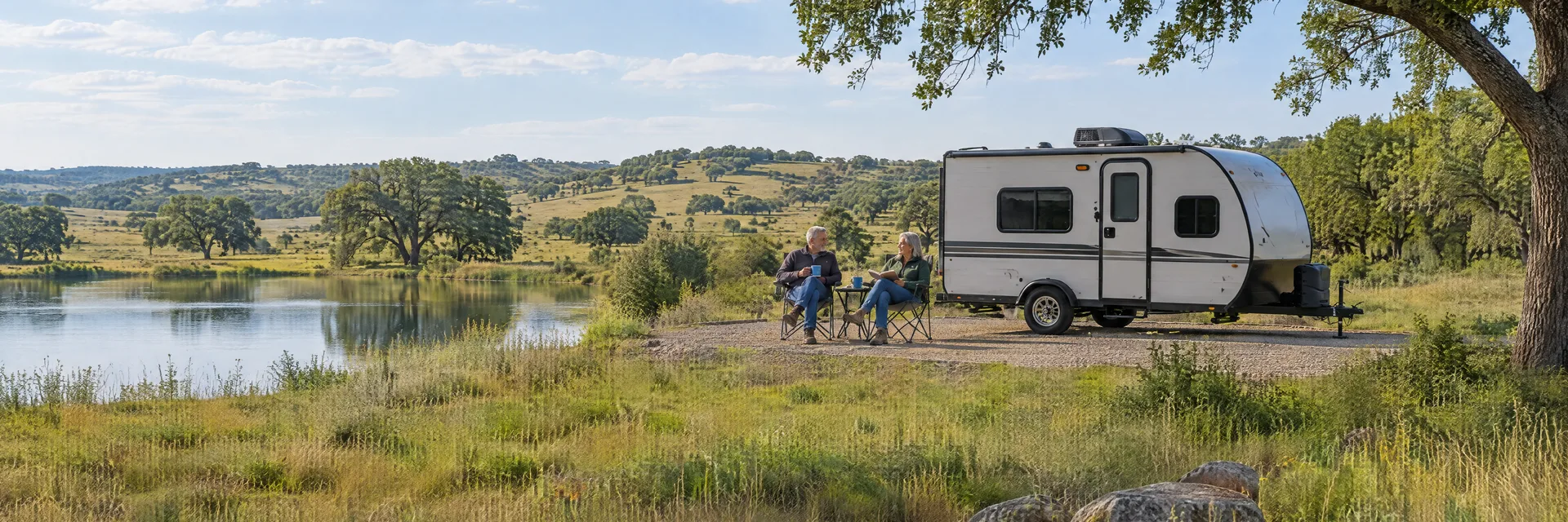 Illustration of campers enjoying relaxing at camp beside a compact travel trailer in a fictional camping setting inspired by Ennis, TX.