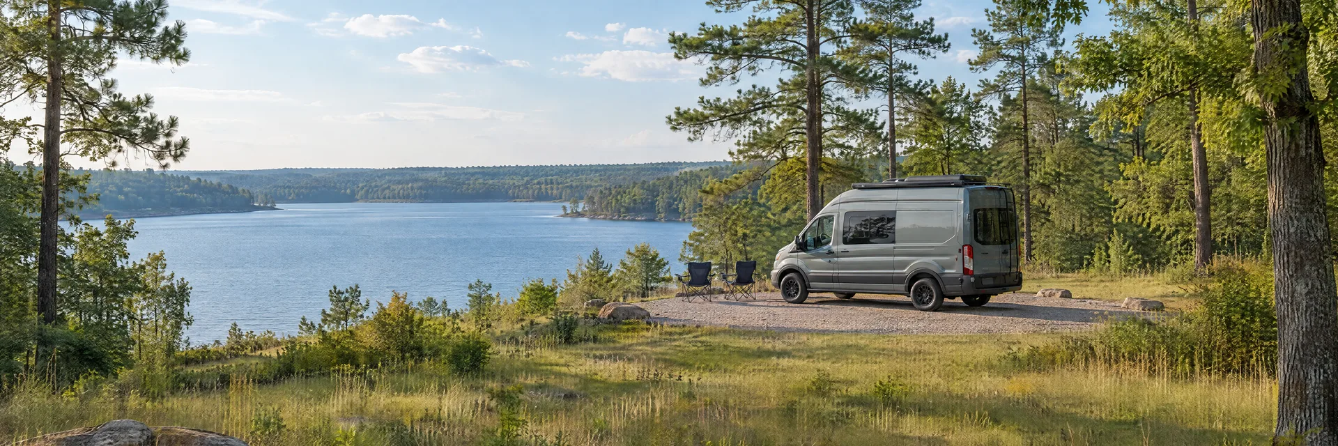 Illustration of a camper van at a fictional camping setting inspired by Fairfield, TX.