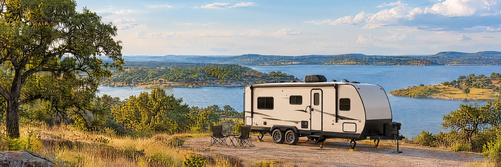 Illustration of a ivory tandem-axle travel trailer with visible hitch and stabilizers at a fictional camping setting inspired by Fort Worth, TX.