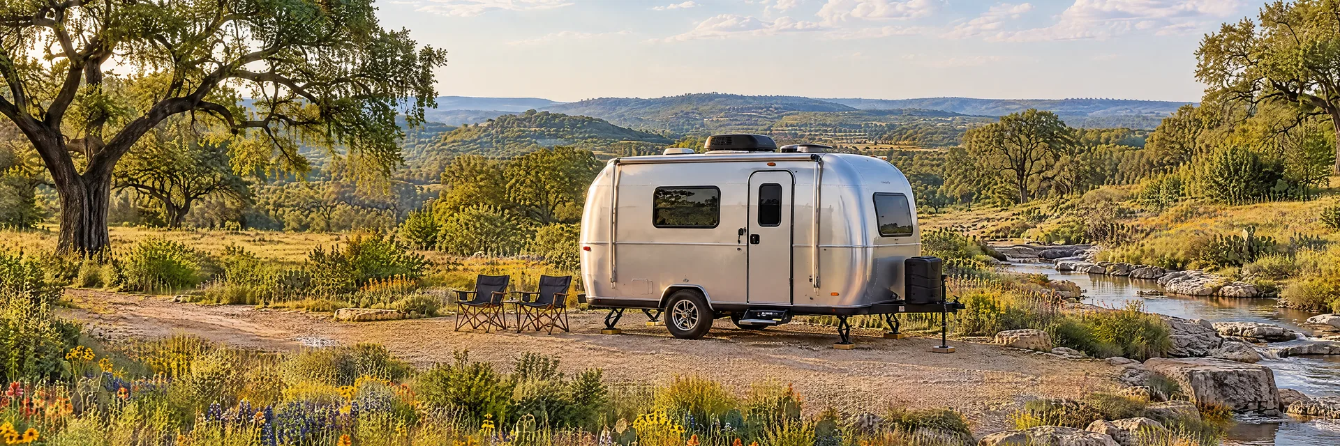 Illustration of a silver compact single-axle travel trailer with visible hitch and stabilizers at a fictional camping setting inspired by Fredericksburg, TX.