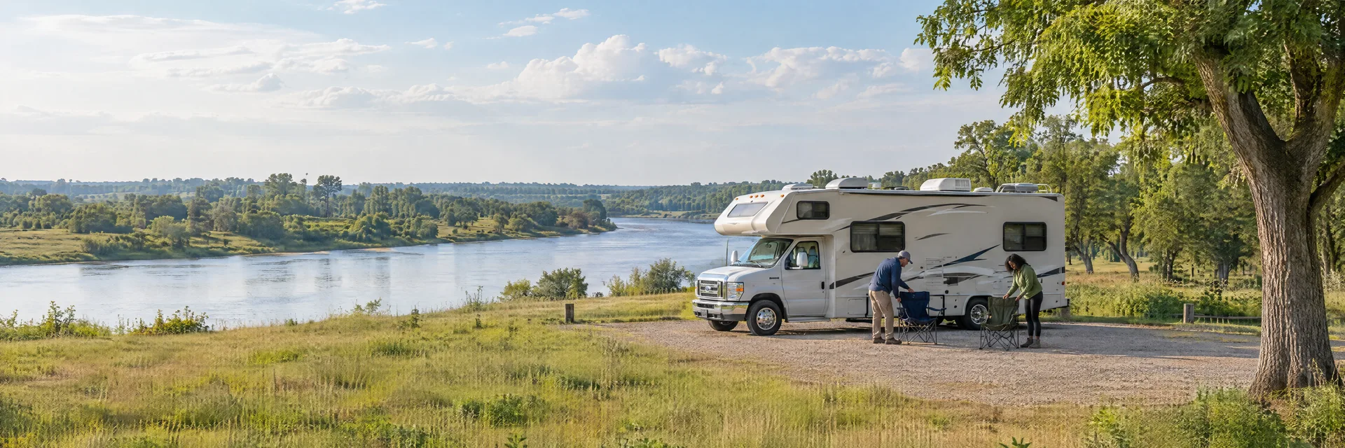 Illustration of campers enjoying setting up camp beside a Class C motorhome in a fictional camping setting inspired by Fulshear, TX.