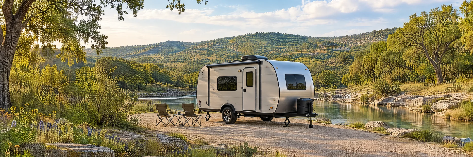 Illustration of a silver compact single-axle travel trailer with visible hitch and stabilizers at a fictional camping setting inspired by Georgetown, TX.