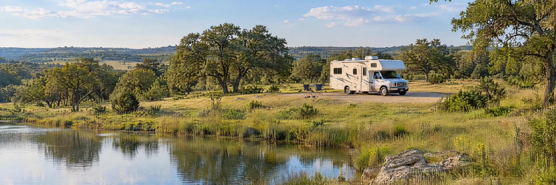 Illustration of a Class C motorhome at a fictional camping setting inspired by Giddings, TX.