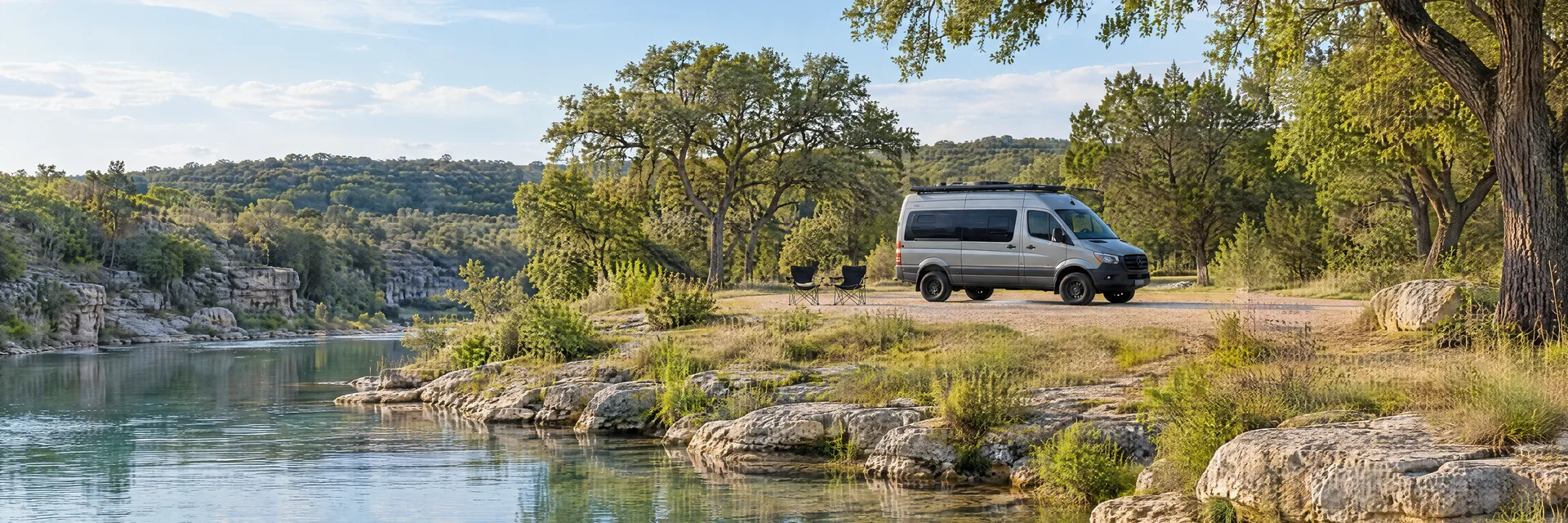 Illustration of a camper van at a fictional camping setting inspired by Glen Rose, TX.