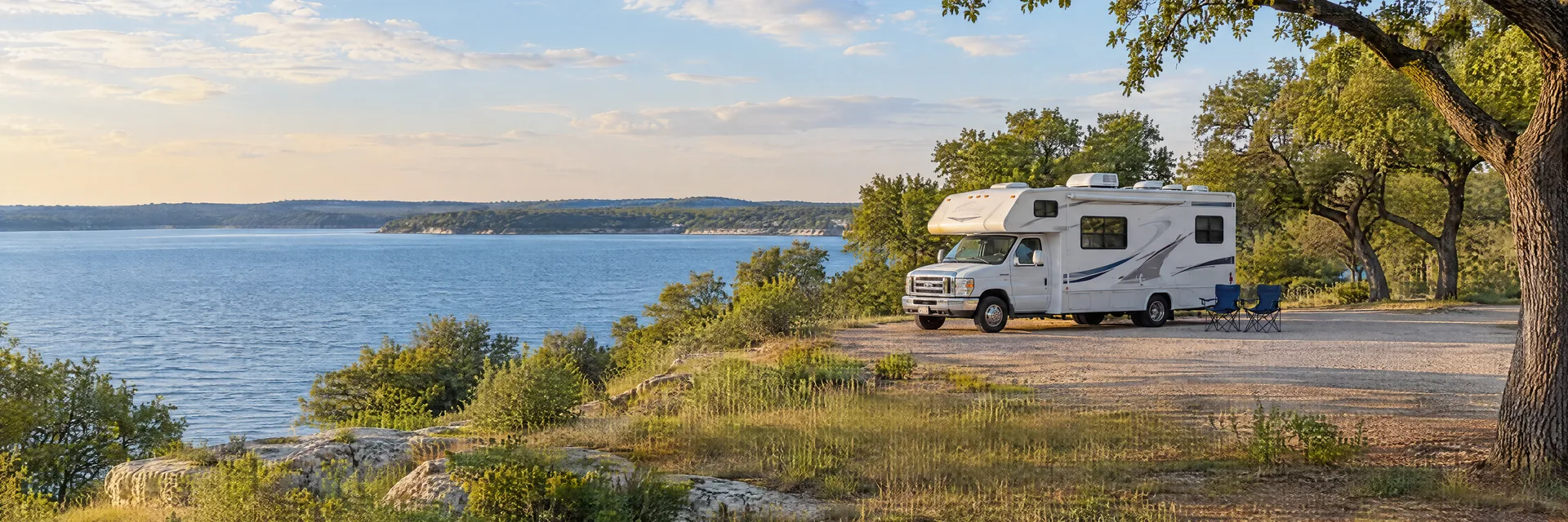 Illustration of a Class C motorhome at a fictional camping setting inspired by Granbury, TX.