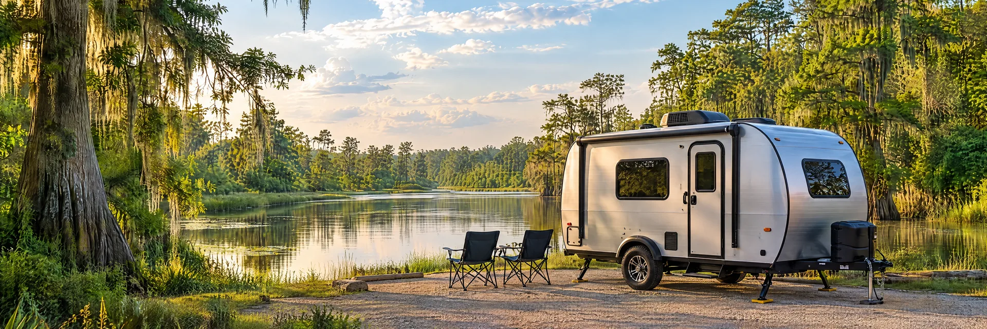 Illustration of a silver compact single-axle travel trailer with visible hitch and stabilizers at a fictional camping setting inspired by Houston, TX.