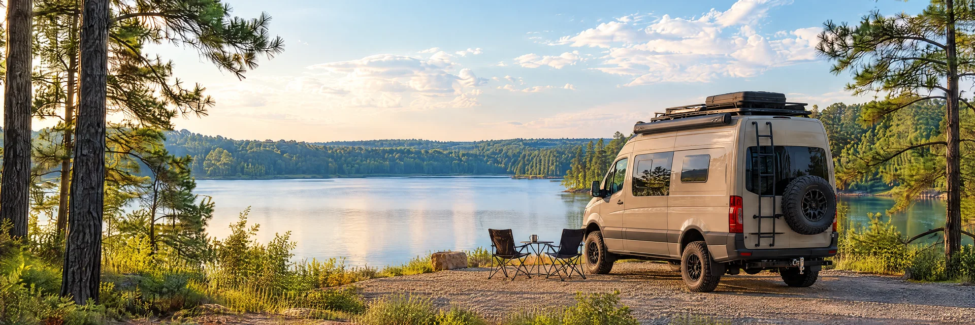 Illustration of a sand-colored rugged campervan at a fictional camping setting inspired by HUNTSVILLE, TX.