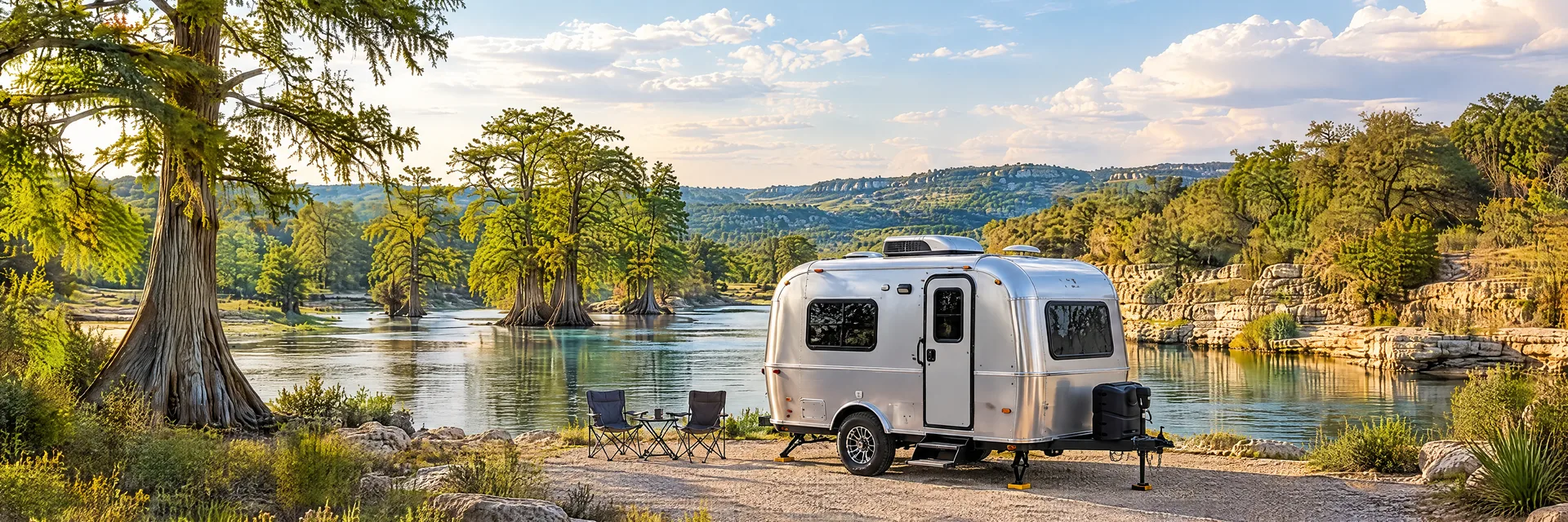 Illustration of a silver compact single-axle travel trailer with visible hitch and stabilizers at a fictional camping setting inspired by Kerrville, TX.