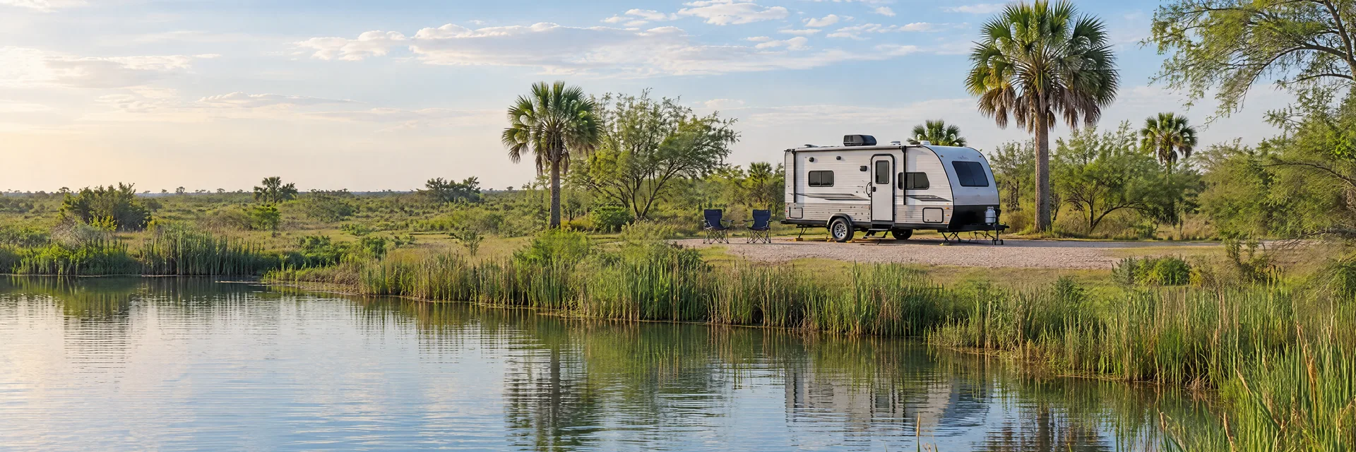 Illustration of a compact travel trailer at a fictional camping setting inspired by La Feria, TX.