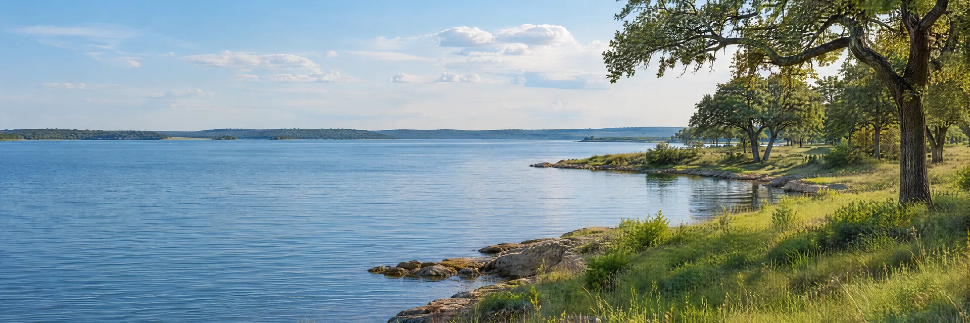 Illustration inspired by Lake Dallas, TX: north Texas reservoir with grassy shoreline and scattered oak trees.
