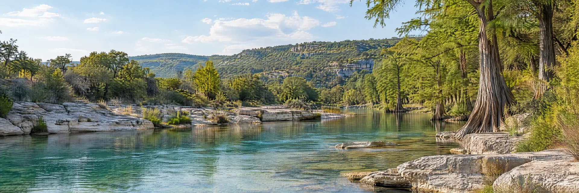 Illustration inspired by Leakey, TX: texas Hill Country clear river, pale limestone banks and cypress trees.