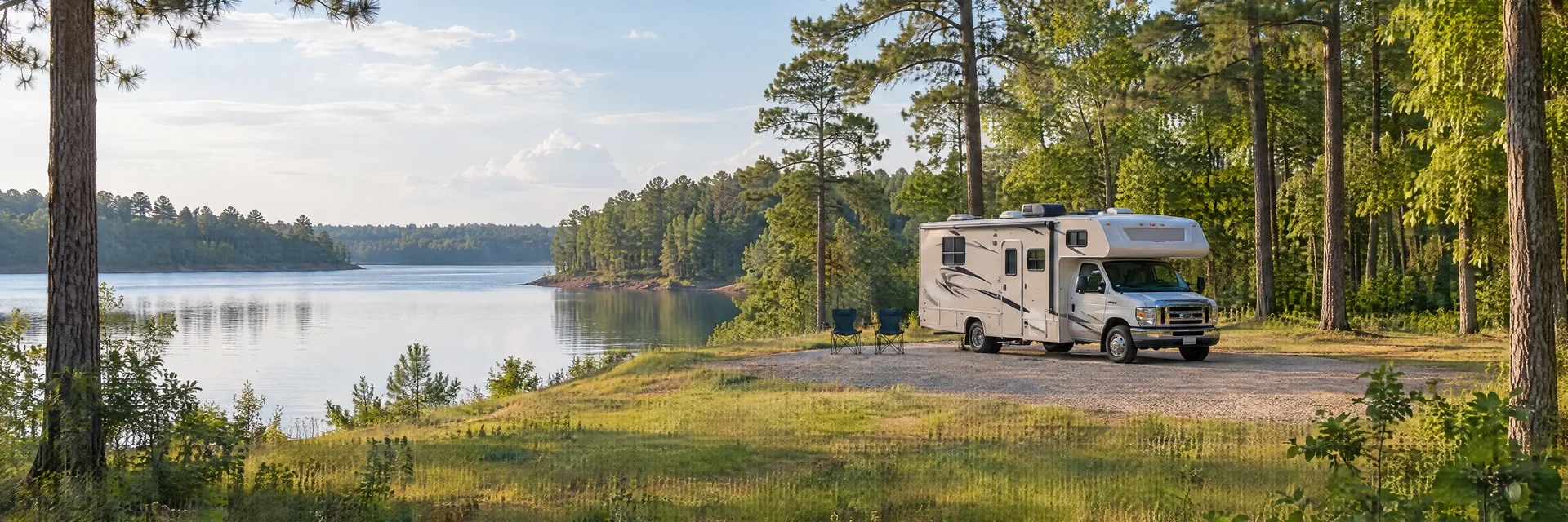 Illustration of a Class C motorhome at a fictional camping setting inspired by Lindale, TX.