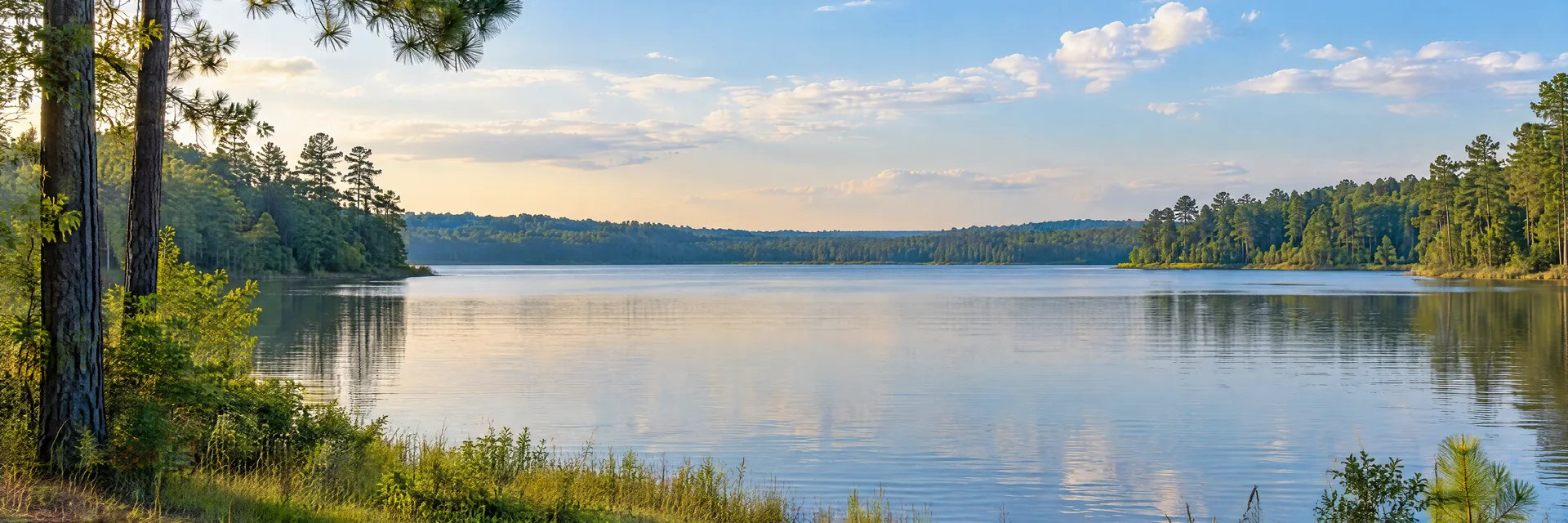 Illustration inspired by Livingston, TX: east Texas pine-bordered lake with calm water and grassy shoreline.