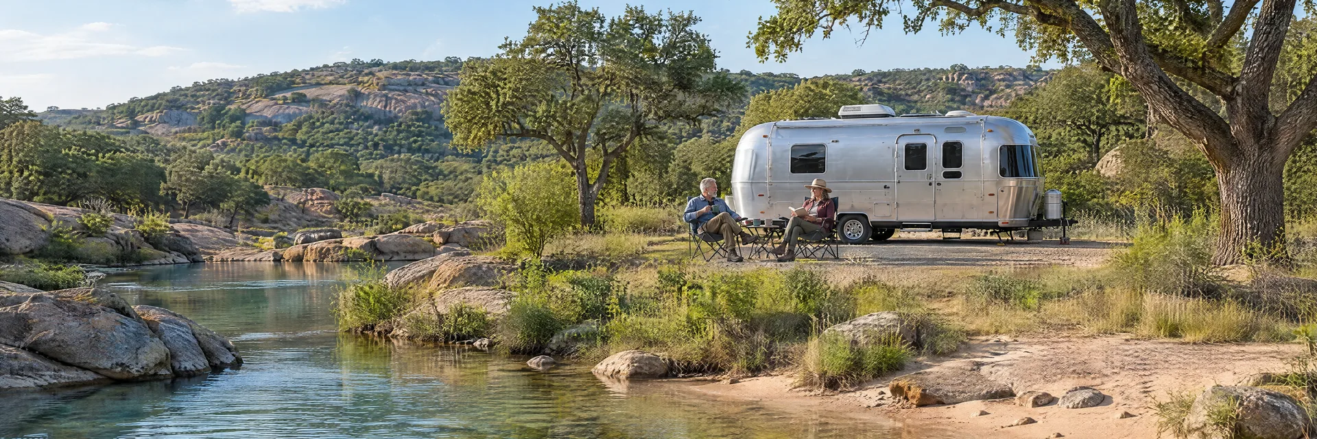 Illustration of campers enjoying relaxing at camp beside a rounded silver travel trailer in a fictional camping setting inspired by Llano, TX.