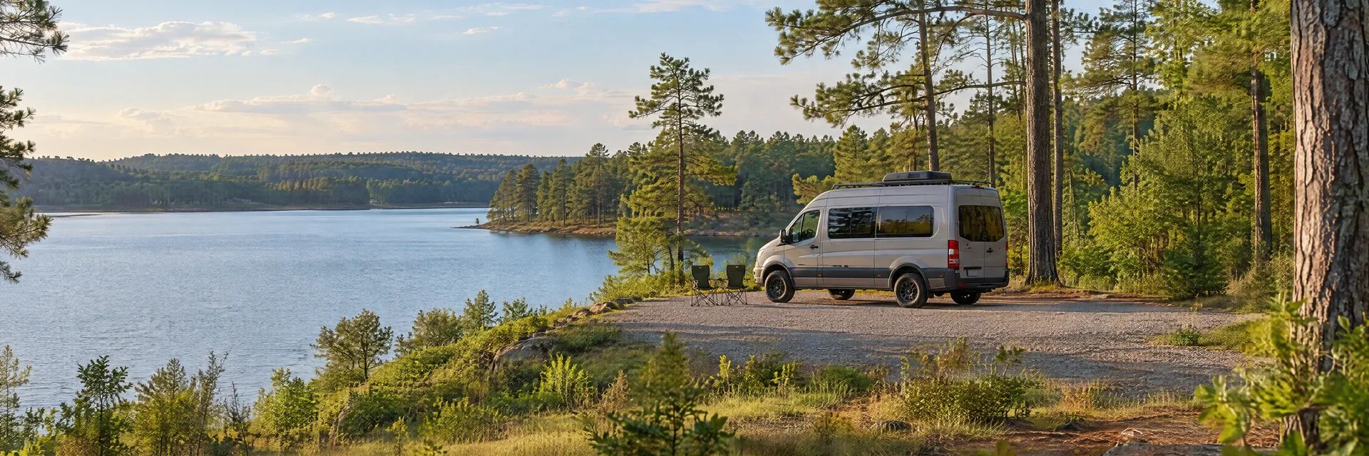 Illustration of a camper van at a fictional camping setting inspired by Longview, TX.