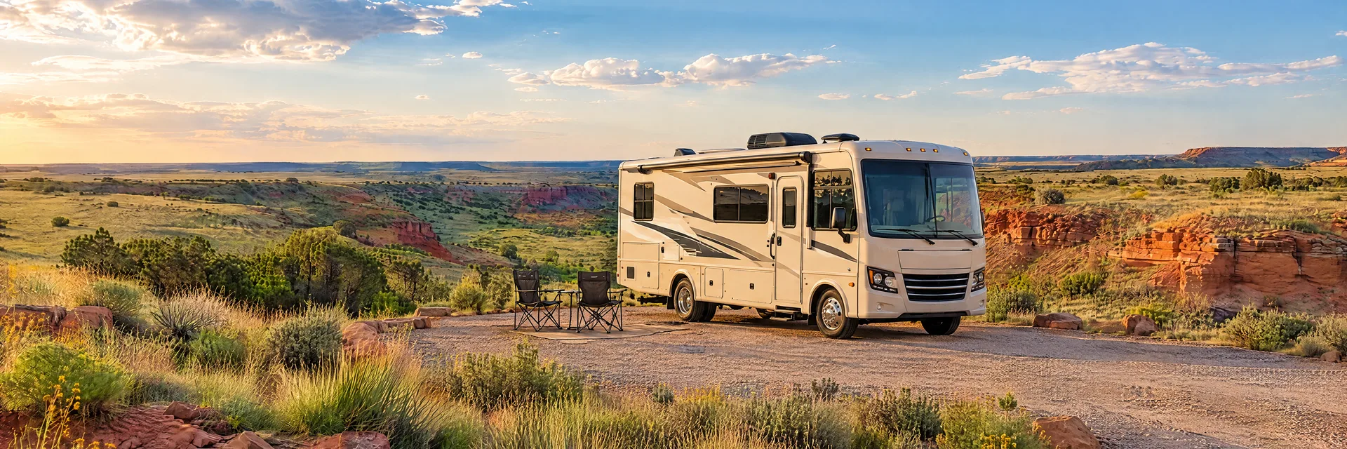 Illustration of a cream Class A motorhome with restrained charcoal trim at a fictional camping setting inspired by Lubbock, TX.