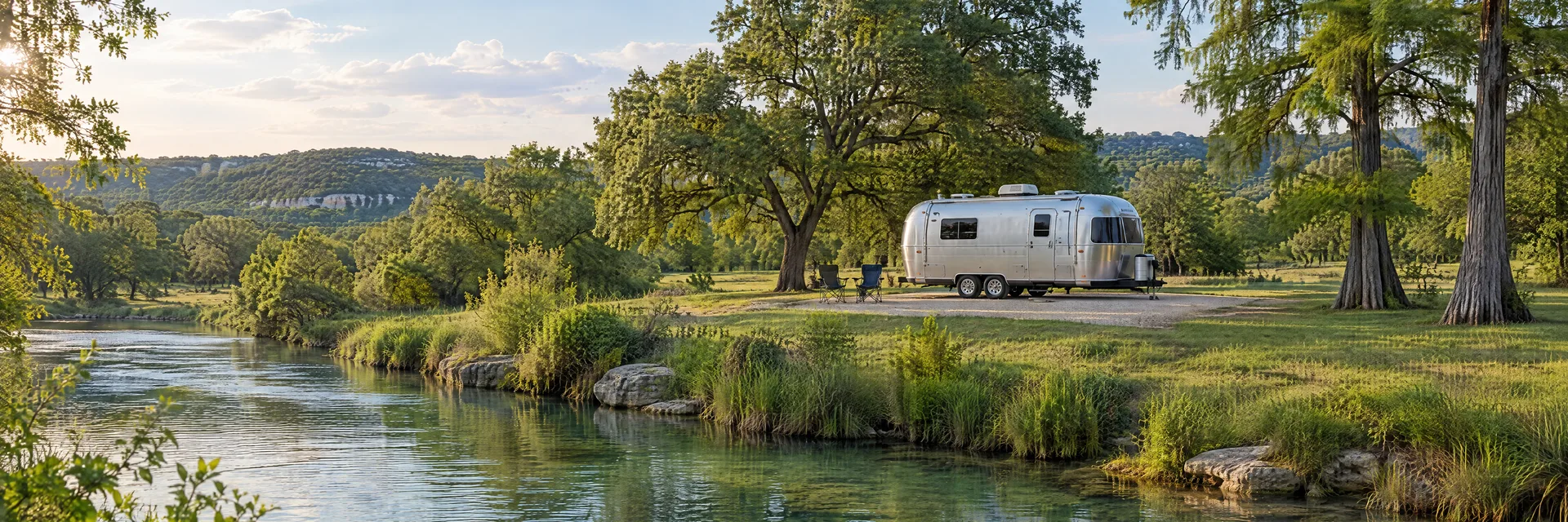 Illustration of a rounded silver travel trailer at a fictional camping setting inspired by Luling, TX.