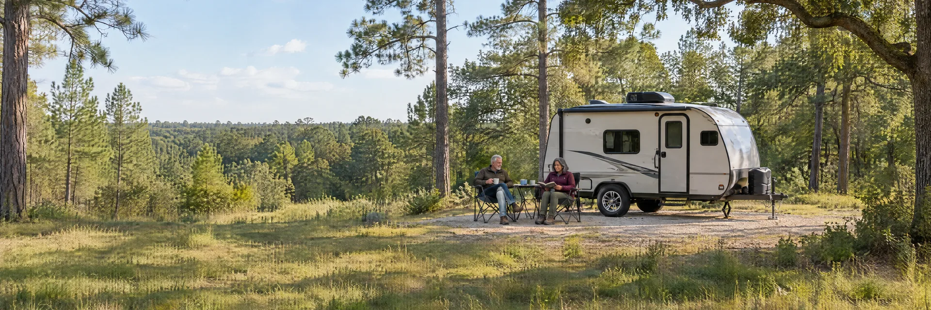 Illustration of campers enjoying relaxing at camp beside a compact travel trailer in a fictional camping setting inspired by Magnolia, TX.