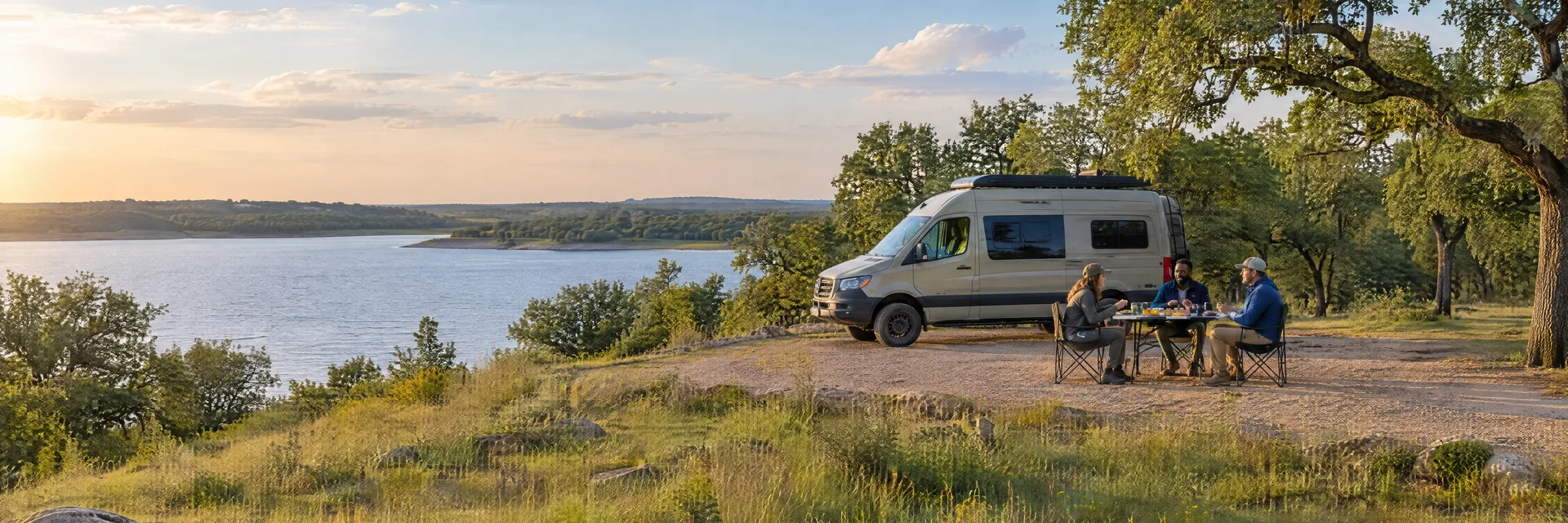 Illustration of campers enjoying an outdoor meal beside a camper van in a fictional camping setting inspired by Mansfield, TX.