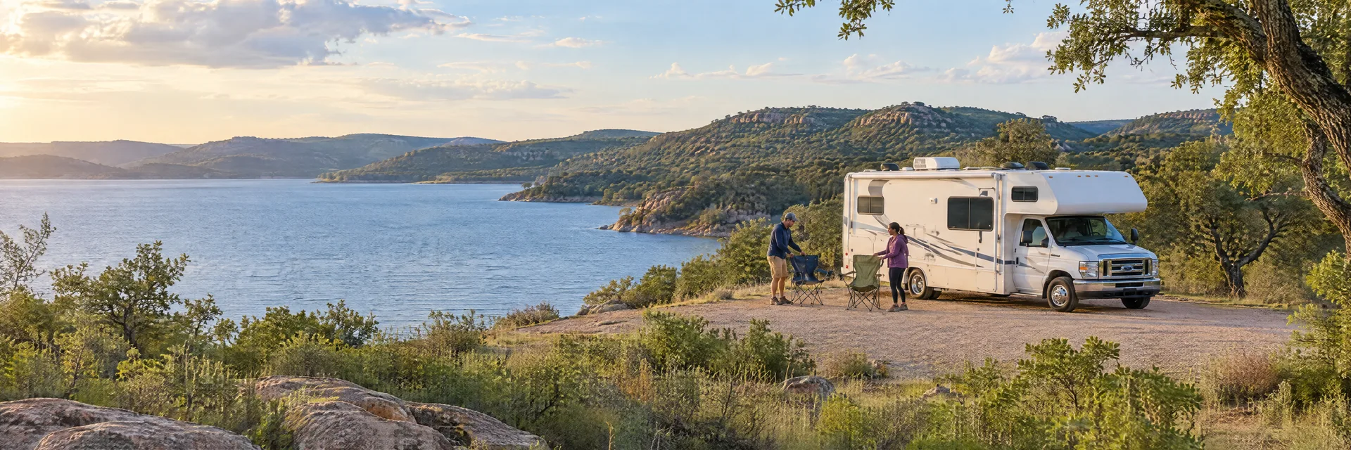 Illustration of campers enjoying setting up camp beside a Class C motorhome in a fictional camping setting inspired by Marble Falls, TX.