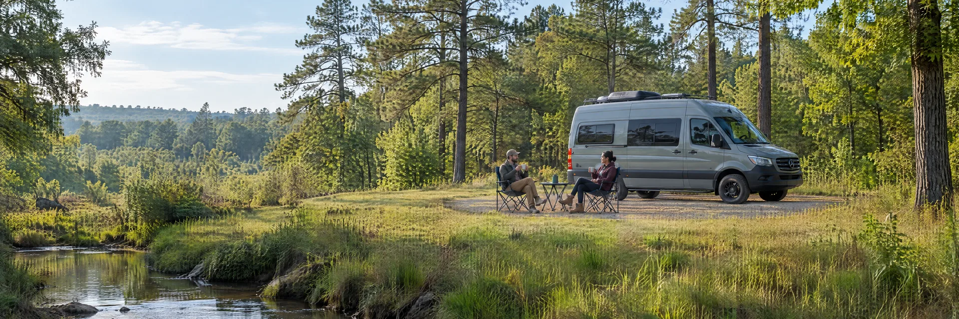 Illustration of campers enjoying morning coffee beside a camper van in a fictional camping setting inspired by Marshall, TX.