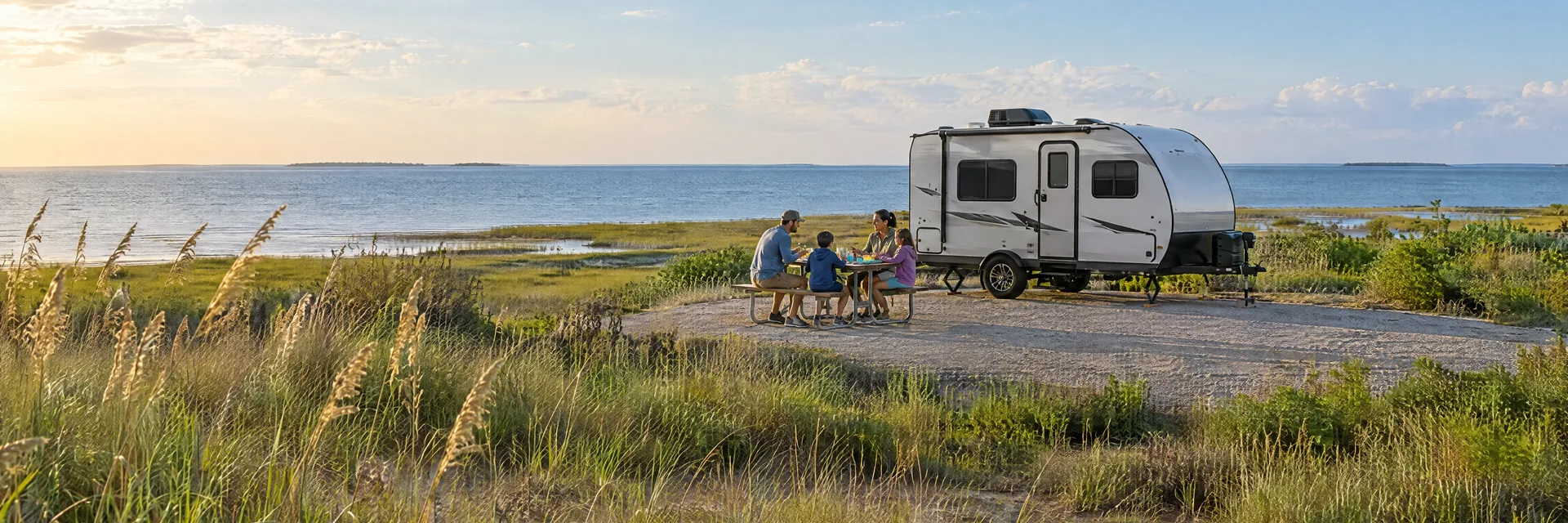 Illustration of campers enjoying a family picnic beside a compact travel trailer in a fictional camping setting inspired by Matagorda, TX.