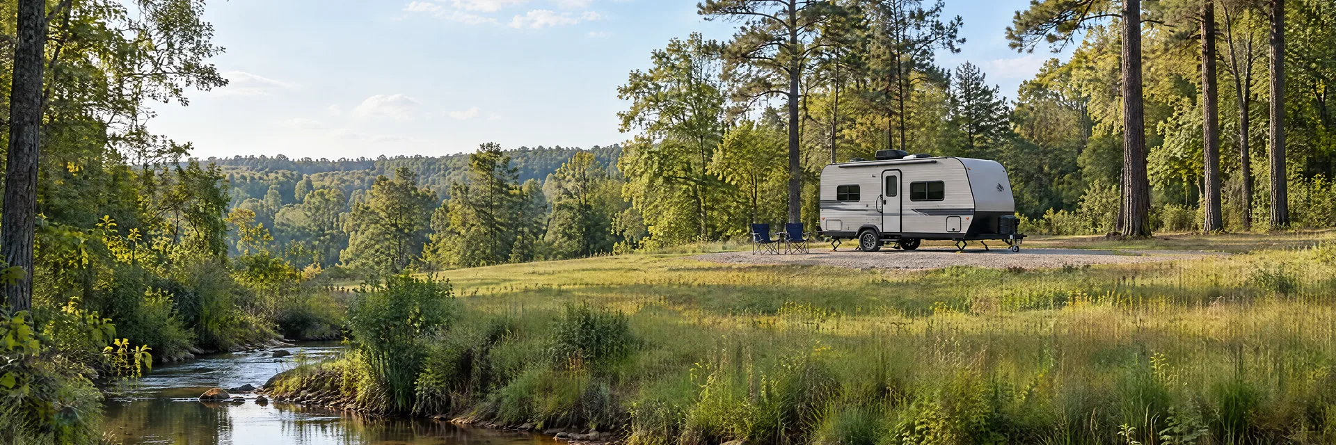 Illustration of a compact travel trailer at a fictional camping setting inspired by Nacogdoches, TX.