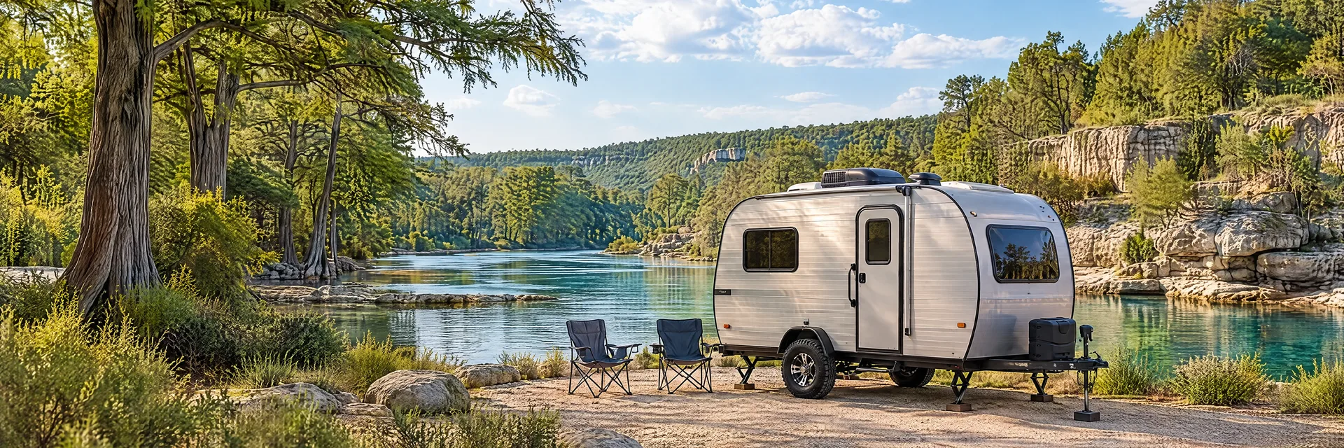 Illustration of a silver compact single-axle travel trailer with visible hitch and stabilizers at a fictional camping setting inspired by New Braunfels, TX.