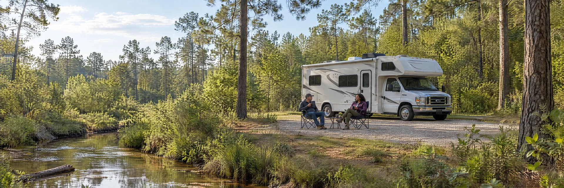 Illustration of campers enjoying morning coffee beside a Class C motorhome in a fictional camping setting inspired by New Caney, TX.