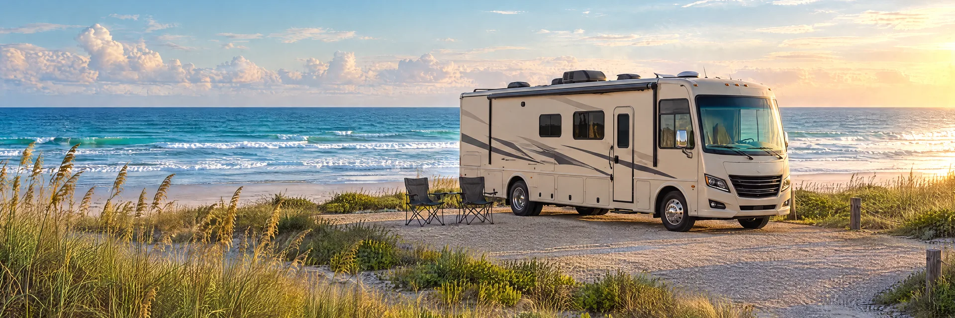 Illustration of a cream Class A motorhome with restrained charcoal trim at a fictional camping setting inspired by Port Aransas, TX.
