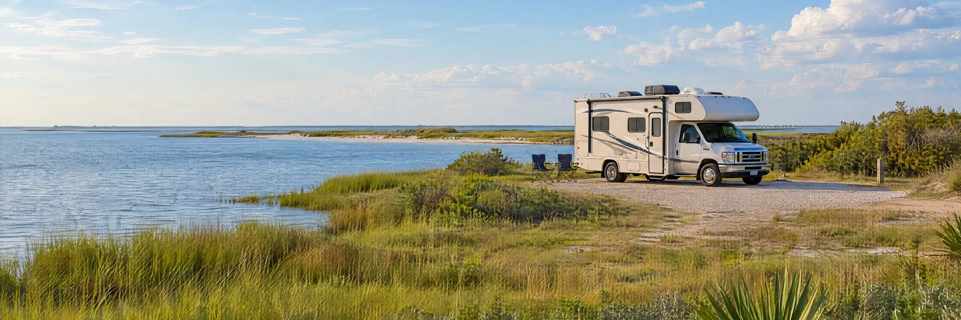 Illustration of a Class C motorhome at a fictional camping setting inspired by Port O'Connor, TX.