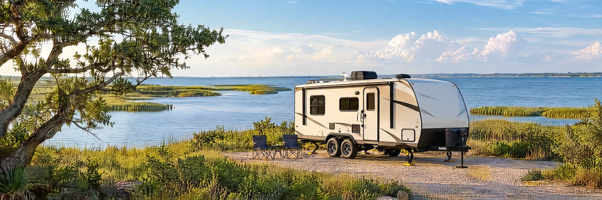 Illustration of a ivory tandem-axle travel trailer with visible hitch and stabilizers at a fictional camping setting inspired by Rockport, TX.