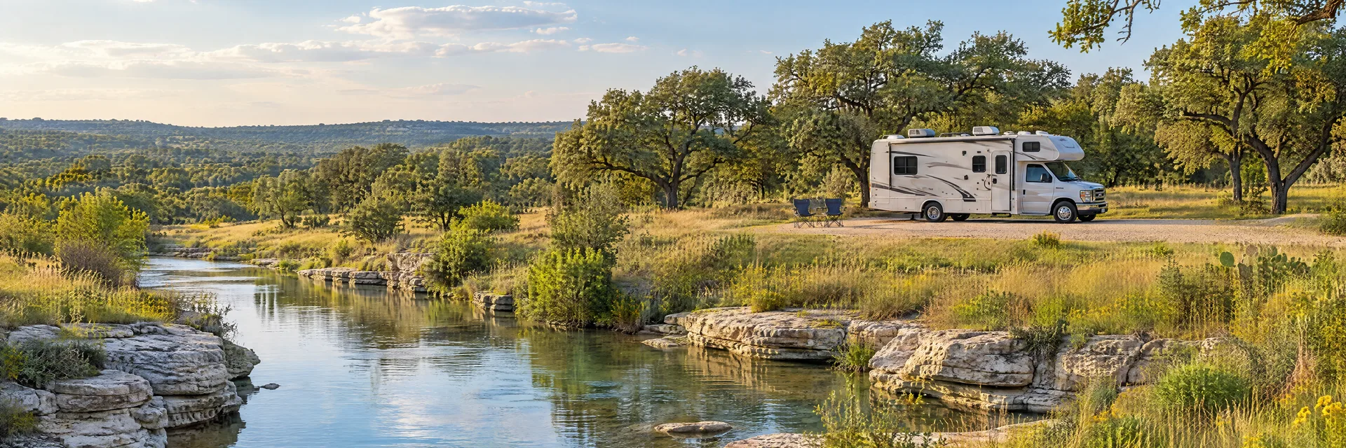 Illustration of a Class C motorhome at a fictional camping setting inspired by Round Rock, TX.