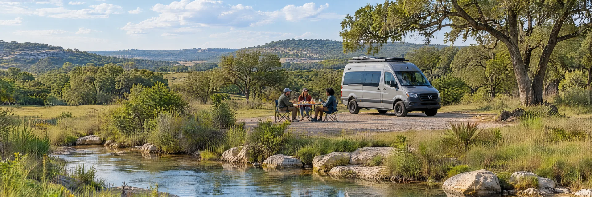 Illustration of campers enjoying an outdoor meal beside a camper van in a fictional camping setting inspired by Salado, TX.