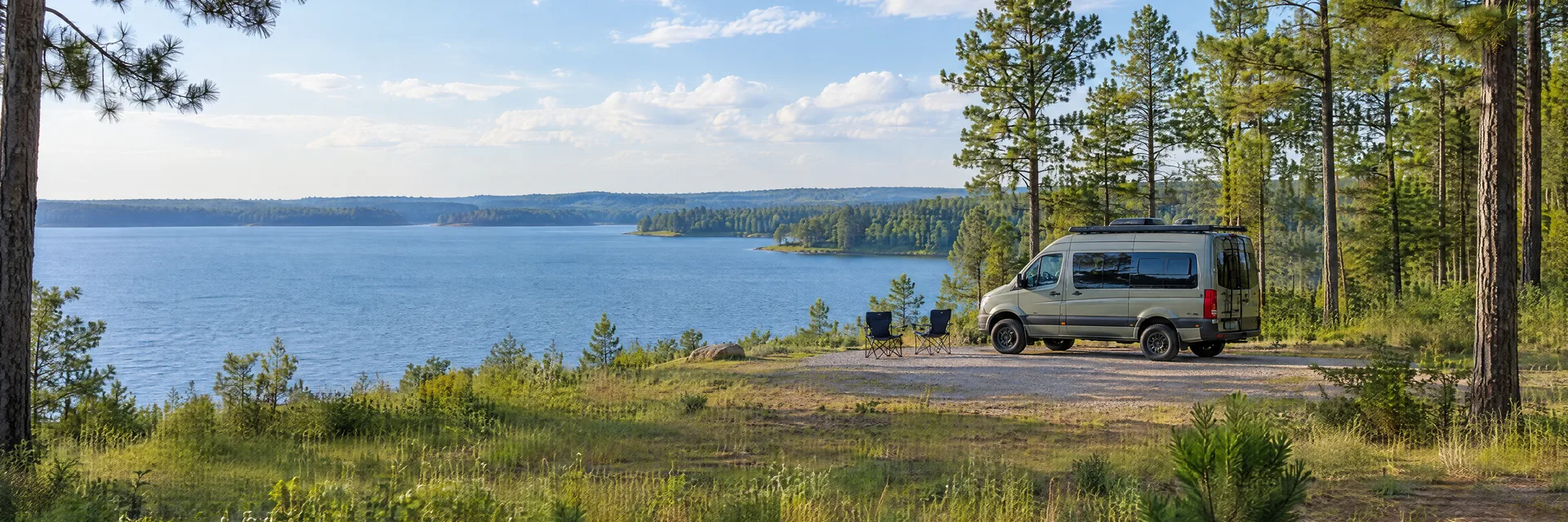 Illustration of a camper van at a fictional camping setting inspired by Sam Rayburn, TX.